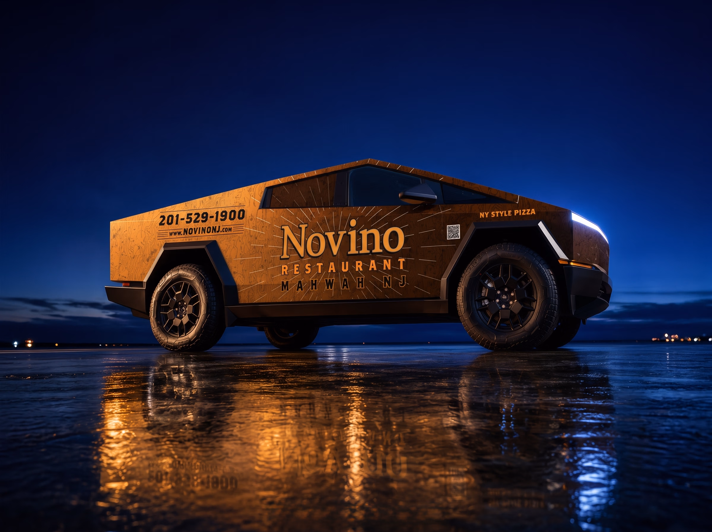 Novino Restaurant Cybertruck wrap, front three-quarter view