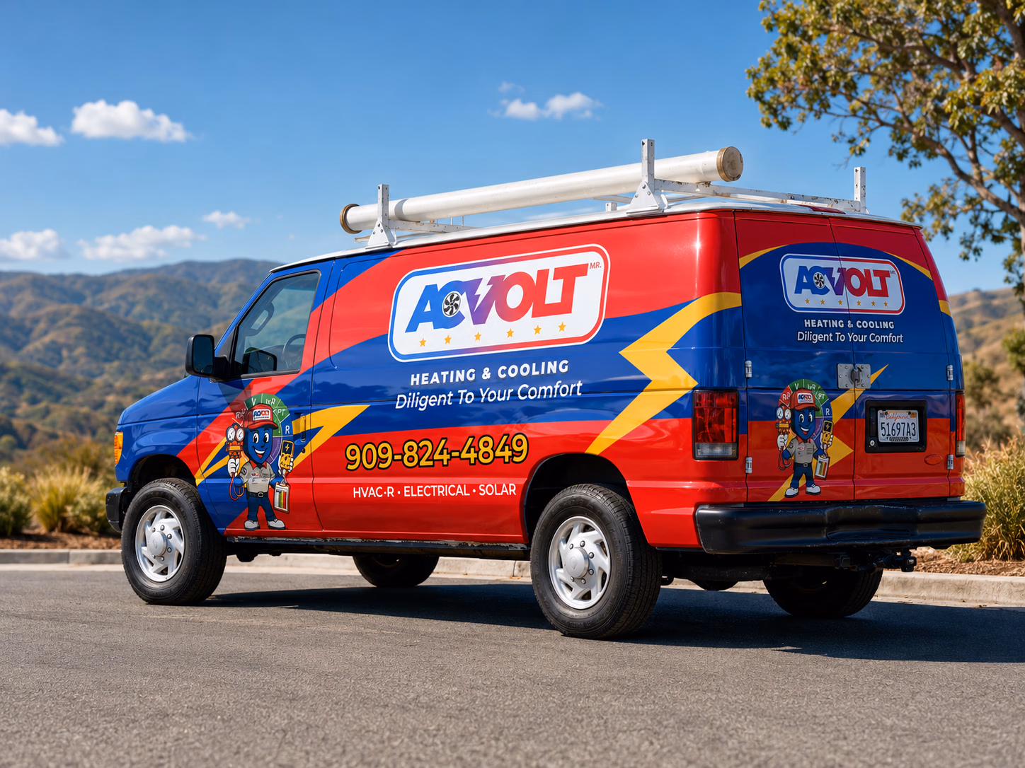 AC Volt van wrap, rear three-quarter view