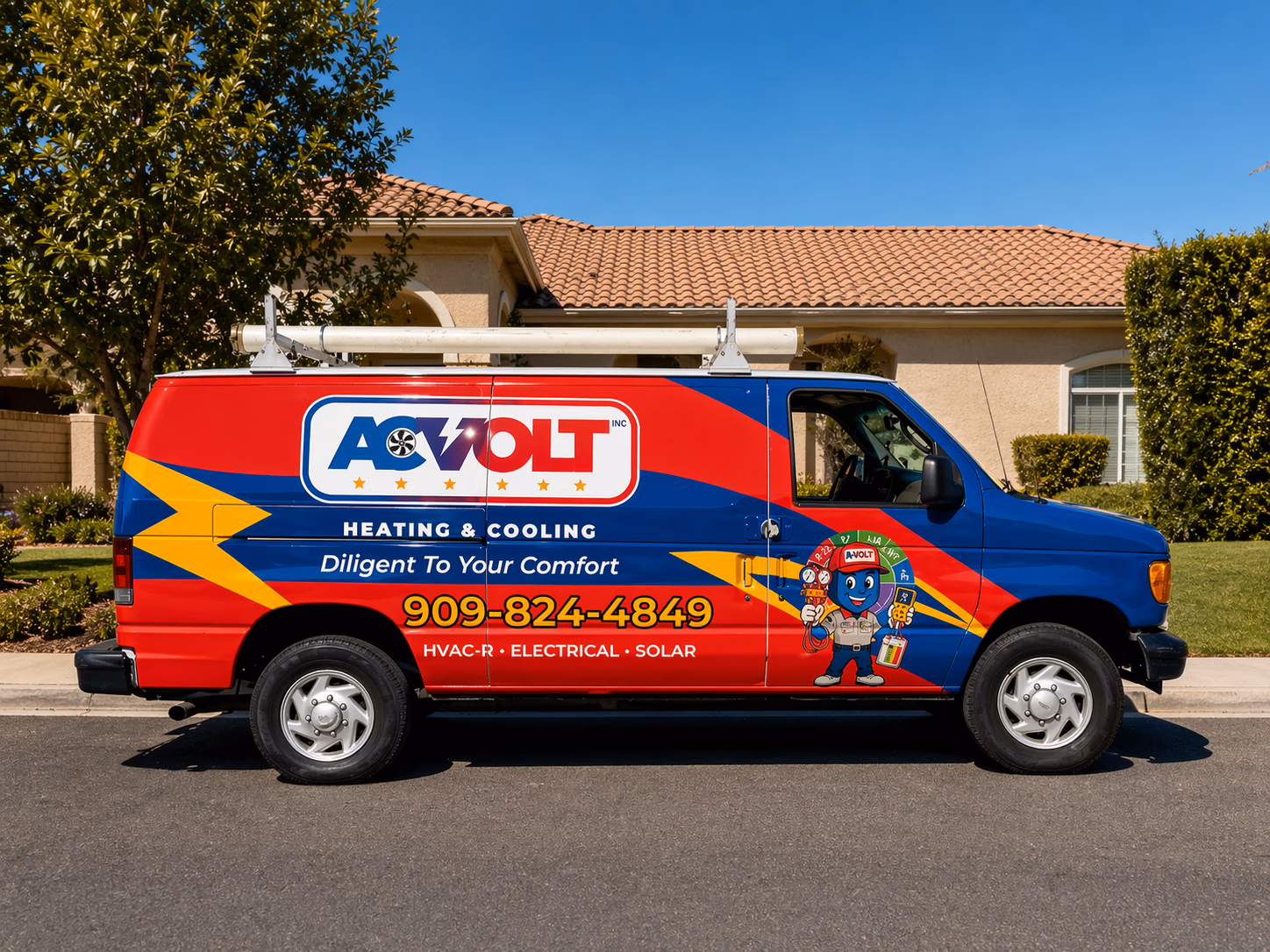 AC Volt van wrap parked outside a customer home