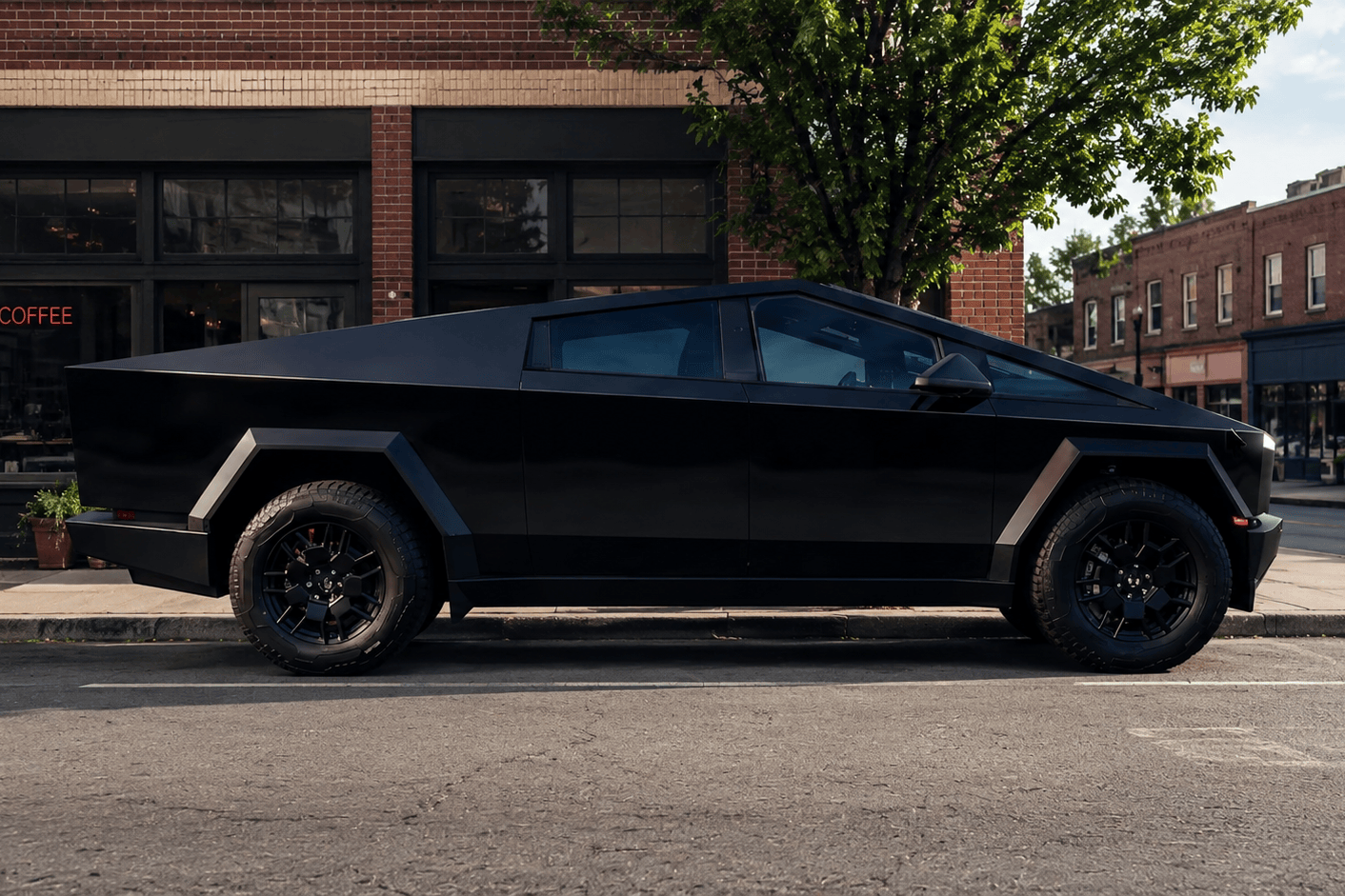 Unwrapped black Tesla Cybertruck before the Novino Restaurant wrap