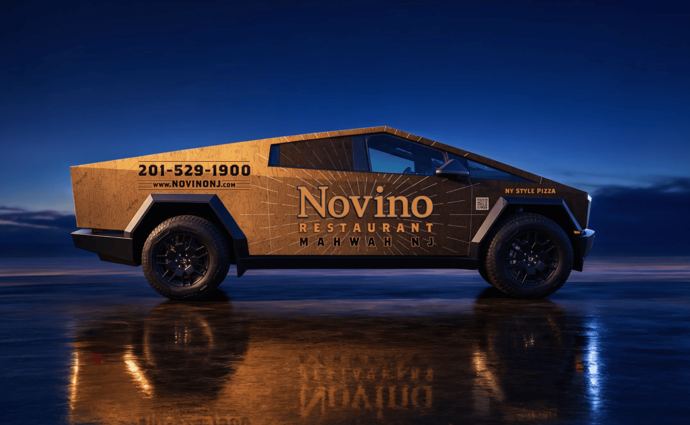 Novino Restaurant Cybertruck full wrap, side profile