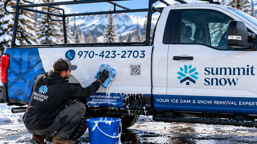 Hand washing a wrapped work truck with a microfiber mitt in winter