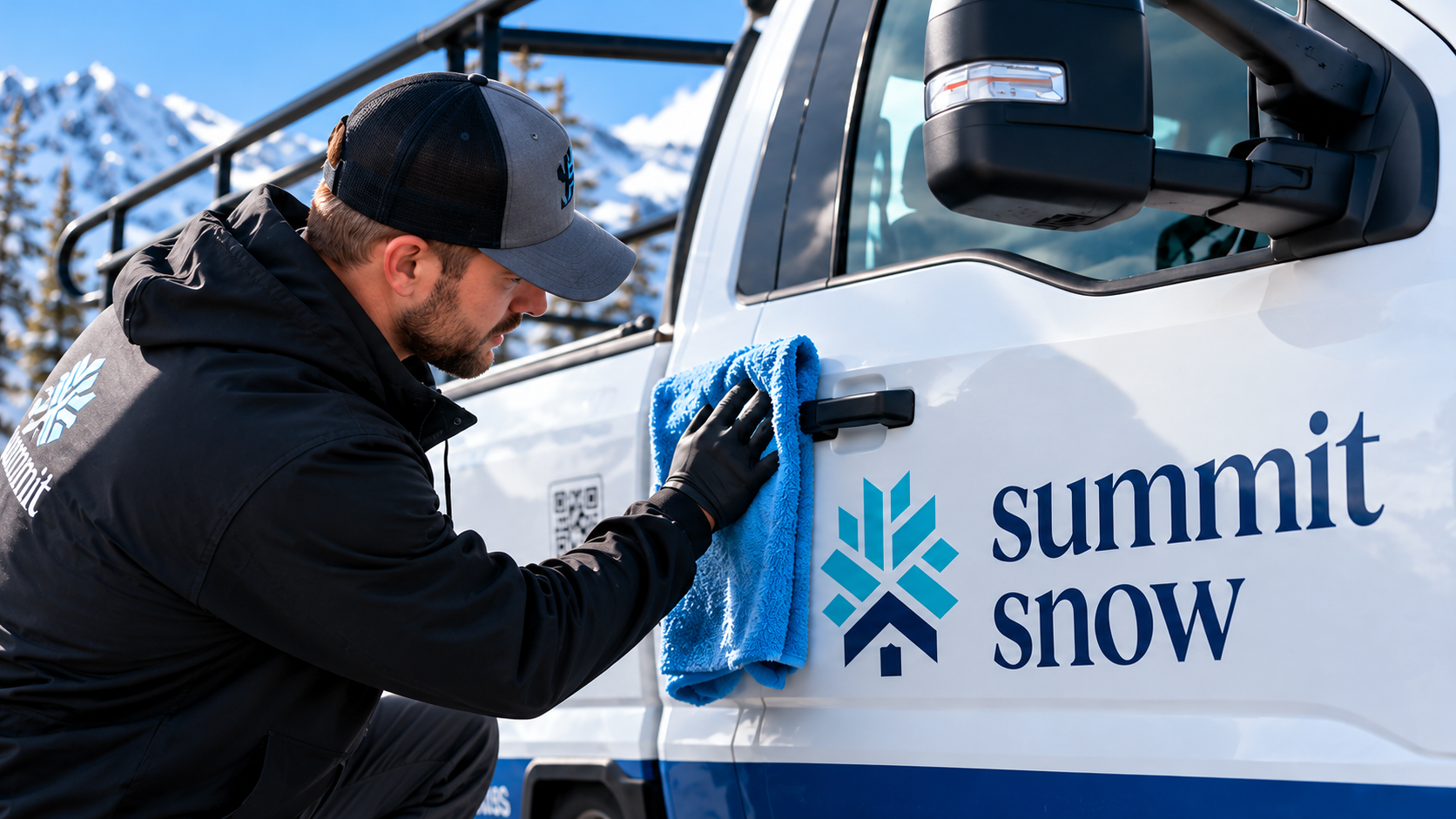 Drying a wrapped work truck with a microfiber towel after a winter wash