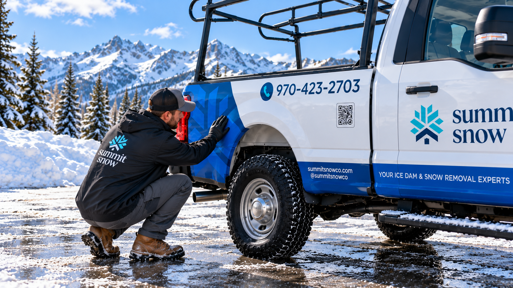 Inspecting the edges of a vehicle wrap on a work truck in the snow
