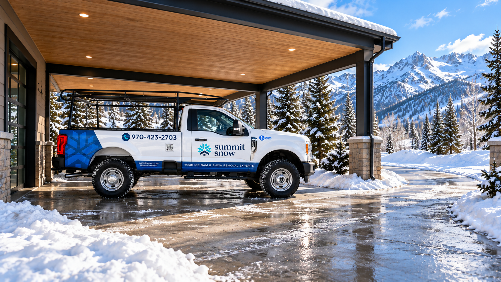 Wrapped work truck parked under a covered carport during winter