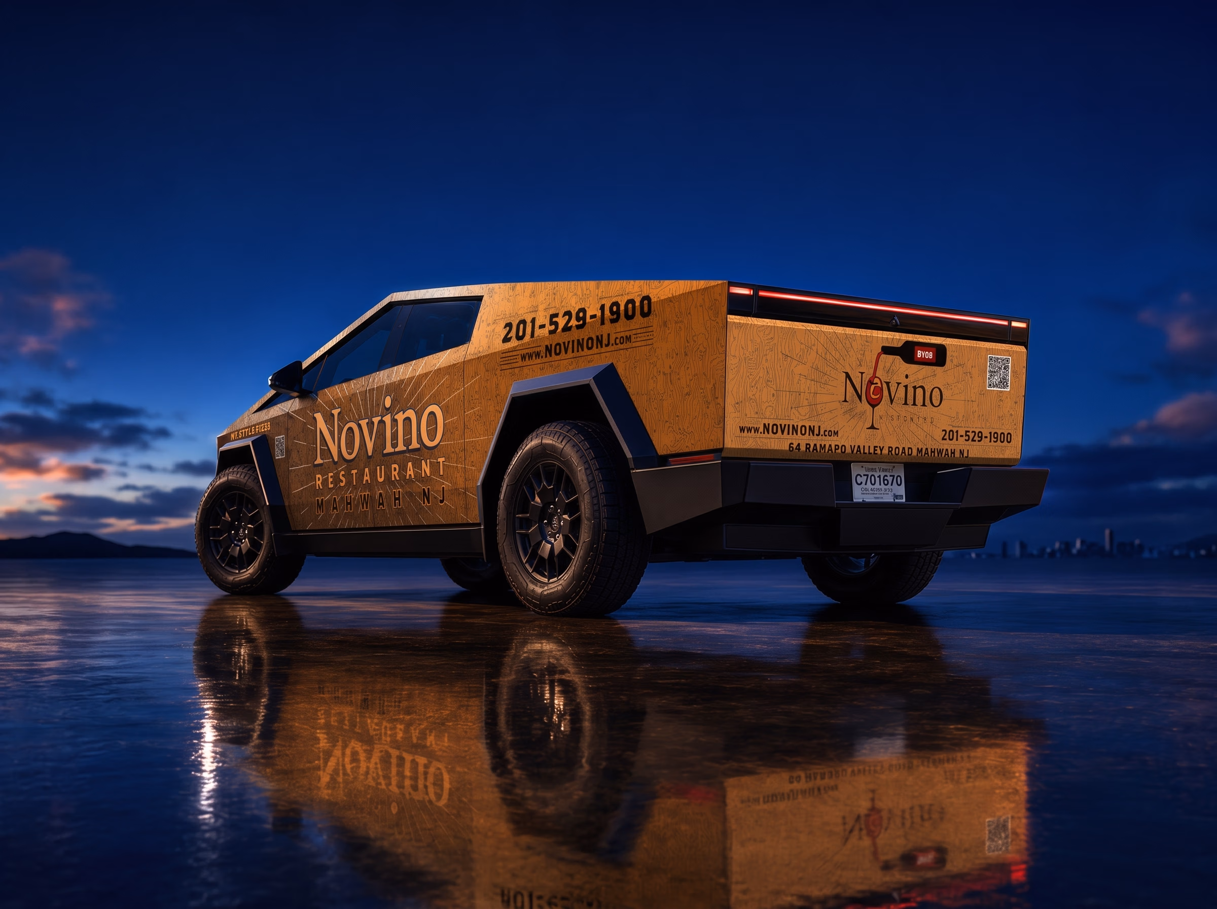 Novino Restaurant Cybertruck wrap, rear three-quarter view